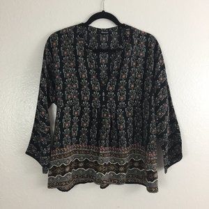 MADEWELL Black Multi-Color Print 100% Silk Long Dolman Sleeve Shirt